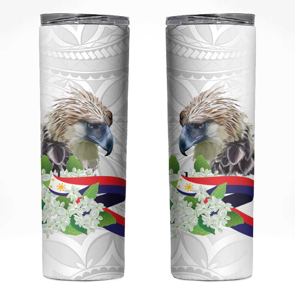 Philippines Eagle and Sampaguita Flowers Skinny Tumbler Polynesian Pattern LT9 White - Polynesian Pride