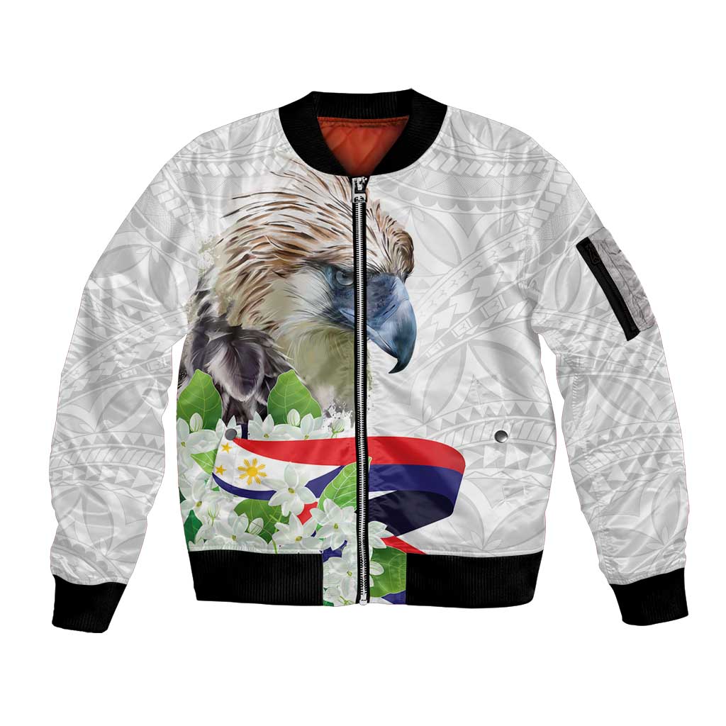 Philippines Eagle and Sampaguita Flowers Sleeve Zip Bomber Jacket Polynesian Pattern