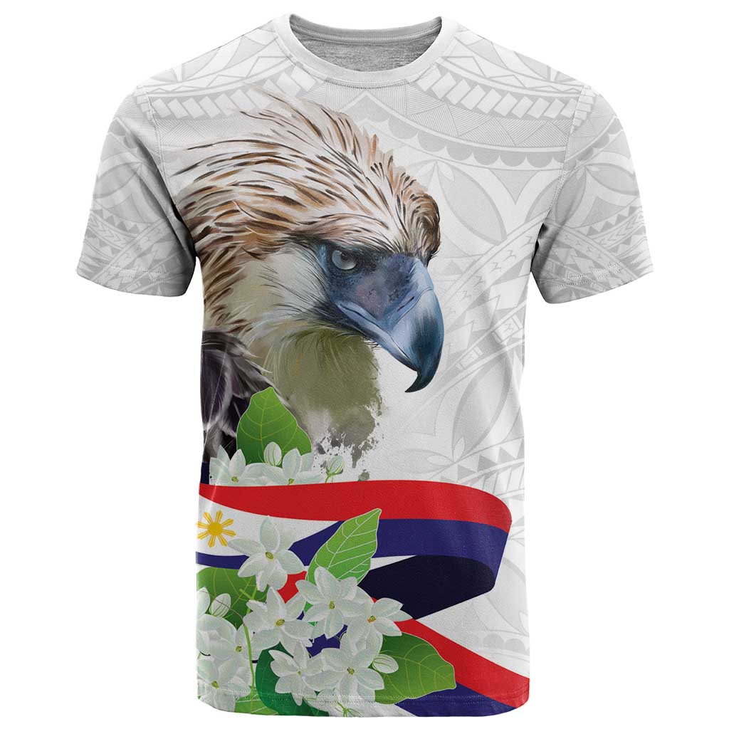 Philippines Eagle and Sampaguita Flowers T Shirt Polynesian Pattern