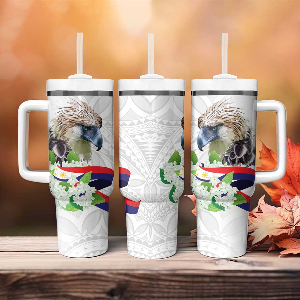 Philippines Eagle and Sampaguita Flowers Tumbler With Handle Polynesian Pattern LT9