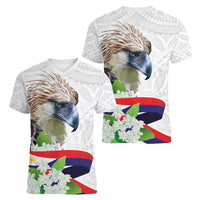 Philippines Eagle and Sampaguita Flowers Women V-Neck T-Shirt Polynesian Pattern