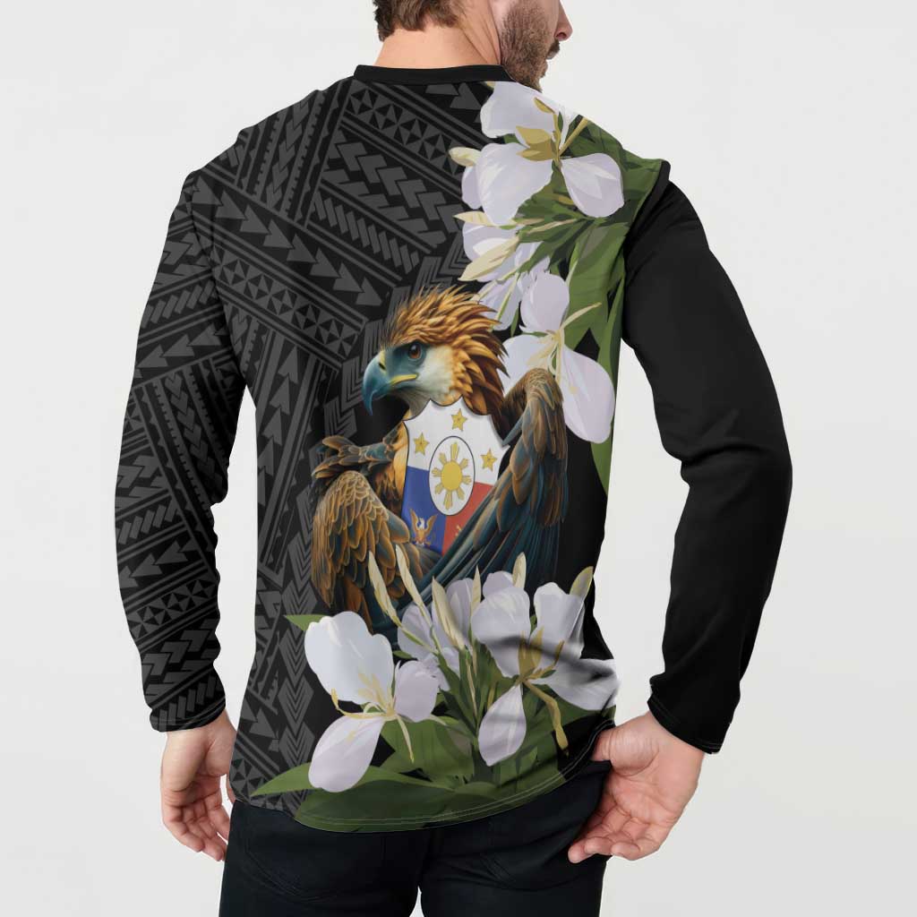 Philippines Eagle with Coat Of Arm Button Sweatshirt Simple Sampaguita Jasmine