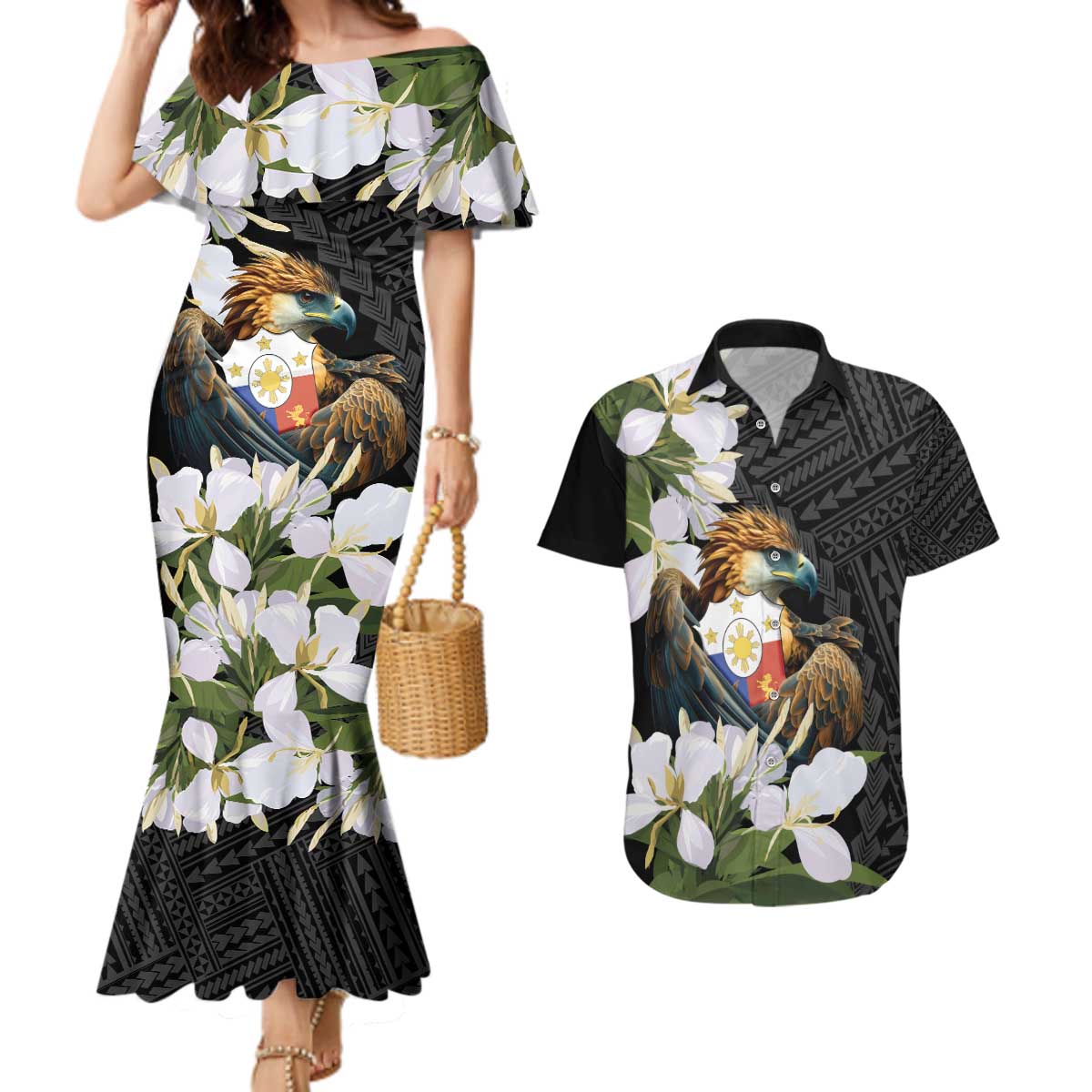 Philippines Eagle with Coat Of Arm Couples Matching Mermaid Dress and Hawaiian Shirt Simple Sampaguita Jasmine