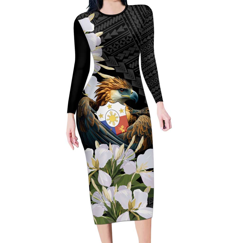 Philippines Eagle with Coat Of Arm Long Sleeve Bodycon Dress Simple Sampaguita Jasmine