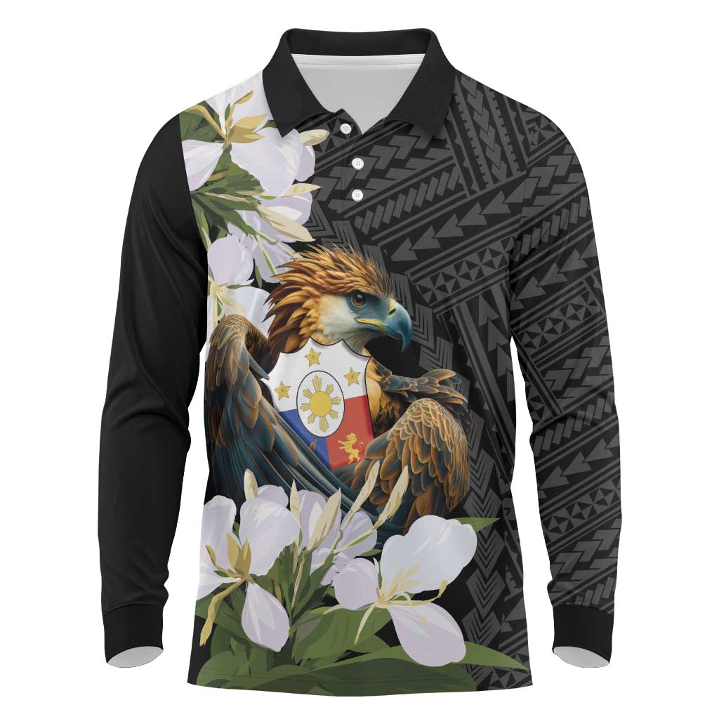Philippines Eagle with Coat Of Arm Long Sleeve Polo Shirt Simple Sampaguita Jasmine
