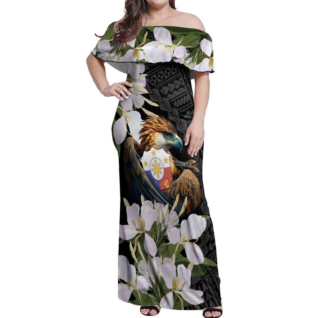 Philippines Eagle with Coat Of Arm Off Shoulder Maxi Dress Simple Sampaguita Jasmine