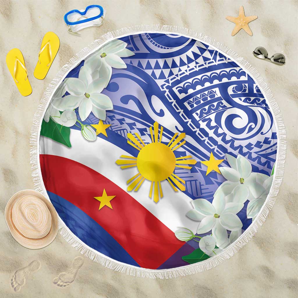 Philippines Flag Beach Blanket Sampaguita Jasmine with Polynesian Tribal