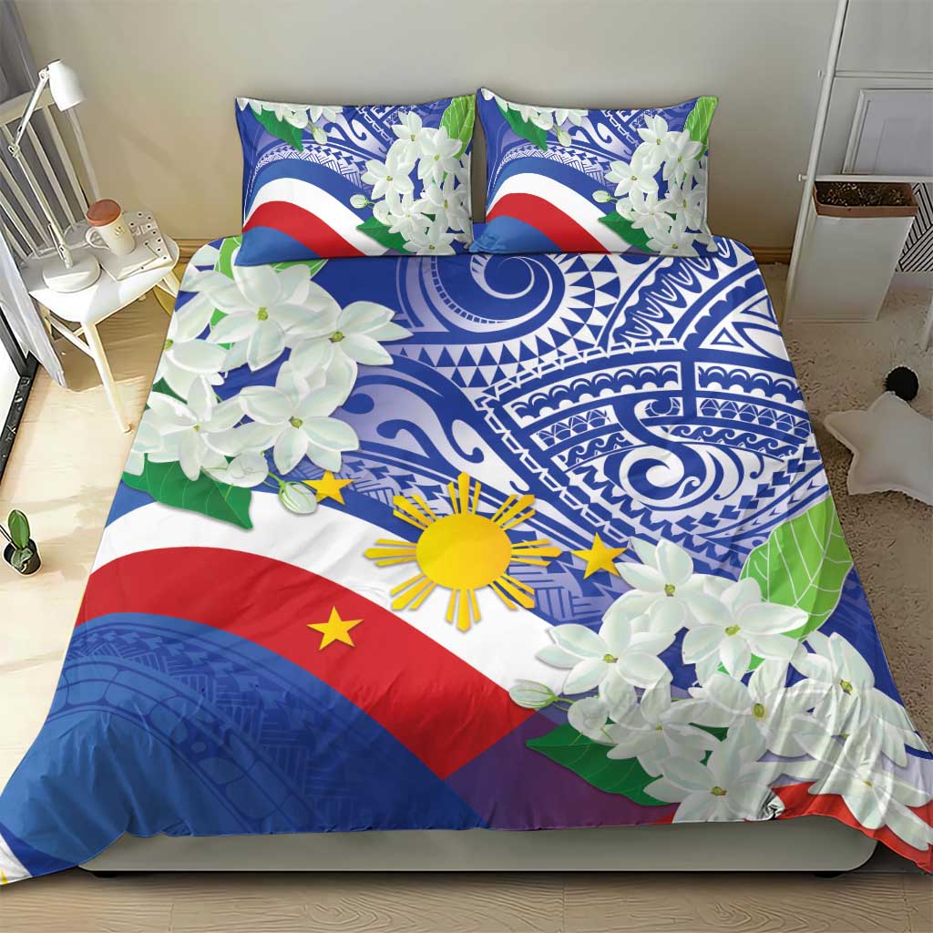 Philippines Flag Bedding Set Sampaguita Jasmine with Polynesian Tribal