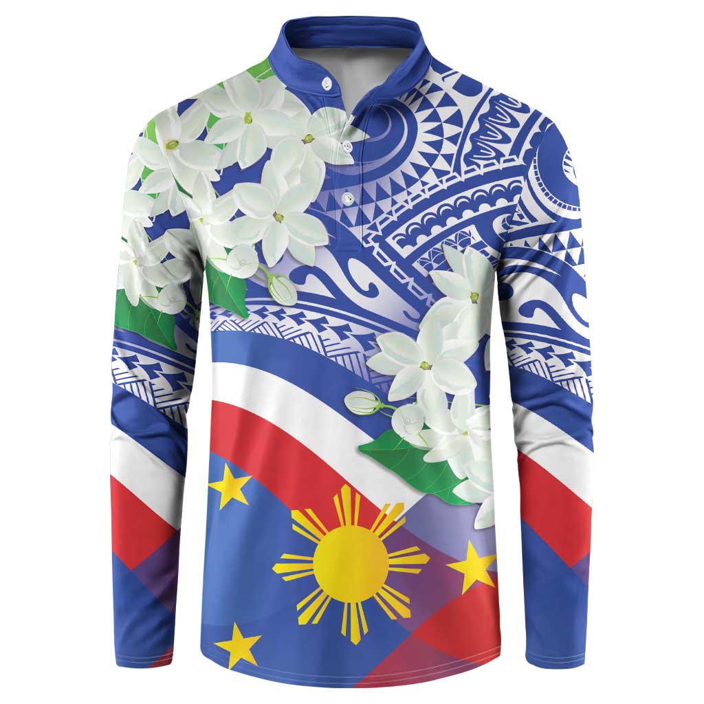 Philippines Flag Button Sweatshirt Sampaguita Jasmine with Polynesian Tribal