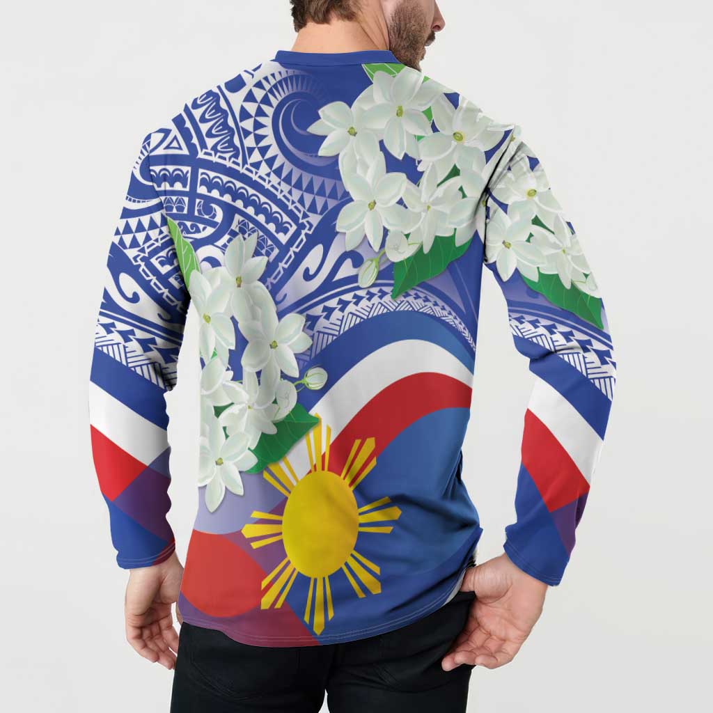 Philippines Flag Button Sweatshirt Sampaguita Jasmine with Polynesian Tribal