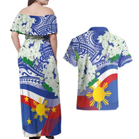 Philippines Flag Couples Matching Off Shoulder Maxi Dress and Hawaiian Shirt Sampaguita Jasmine with Polynesian Tribal LT9 - Polynesian Pride