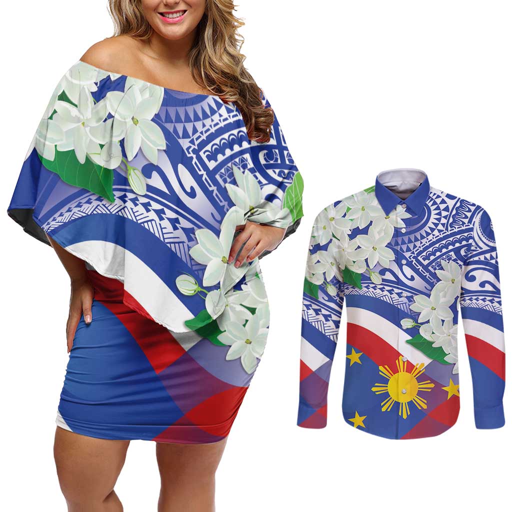 Philippines Flag Couples Matching Off Shoulder Short Dress and Long Sleeve Button Shirt Sampaguita Jasmine with Polynesian Tribal