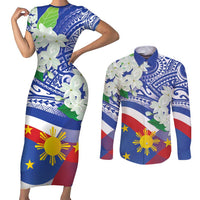 Philippines Flag Couples Matching Short Sleeve Bodycon Dress and Long Sleeve Button Shirt Sampaguita Jasmine with Polynesian Tribal