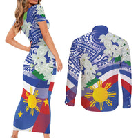 Philippines Flag Couples Matching Short Sleeve Bodycon Dress and Long Sleeve Button Shirt Sampaguita Jasmine with Polynesian Tribal