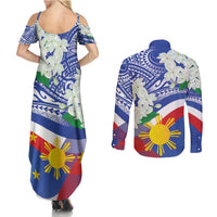 Philippines Flag Couples Matching Summer Maxi Dress and Long Sleeve Button Shirt Sampaguita Jasmine with Polynesian Tribal