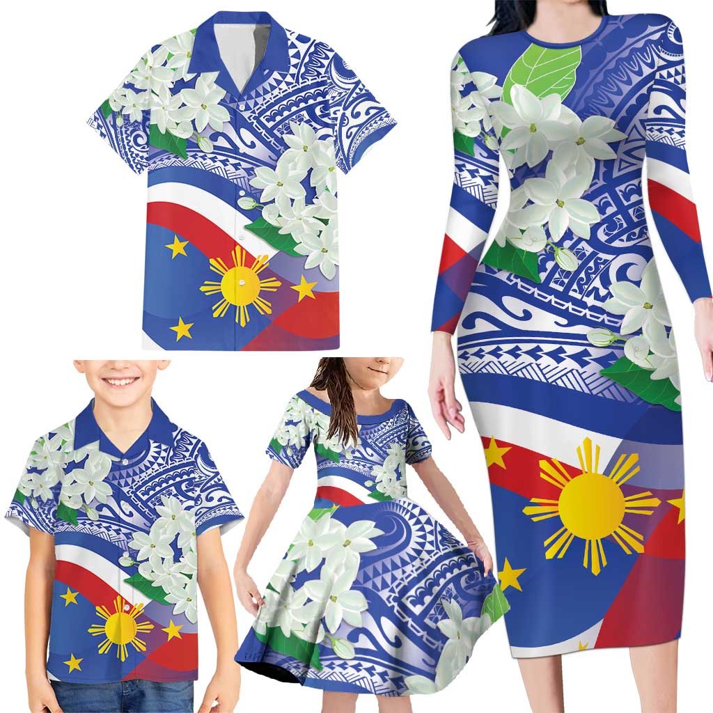 Philippines Flag Family Matching Long Sleeve Bodycon Dress and Hawaiian Shirt Sampaguita Jasmine with Polynesian Tribal