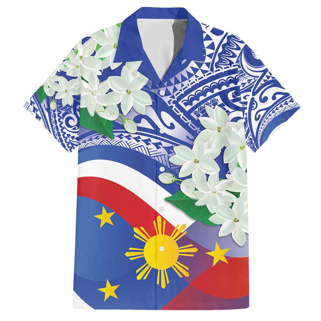 Philippines Flag Family Matching Long Sleeve Bodycon Dress and Hawaiian Shirt Sampaguita Jasmine with Polynesian Tribal