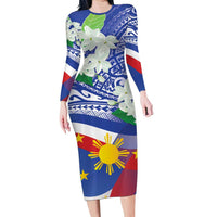 Philippines Flag Family Matching Long Sleeve Bodycon Dress and Hawaiian Shirt Sampaguita Jasmine with Polynesian Tribal