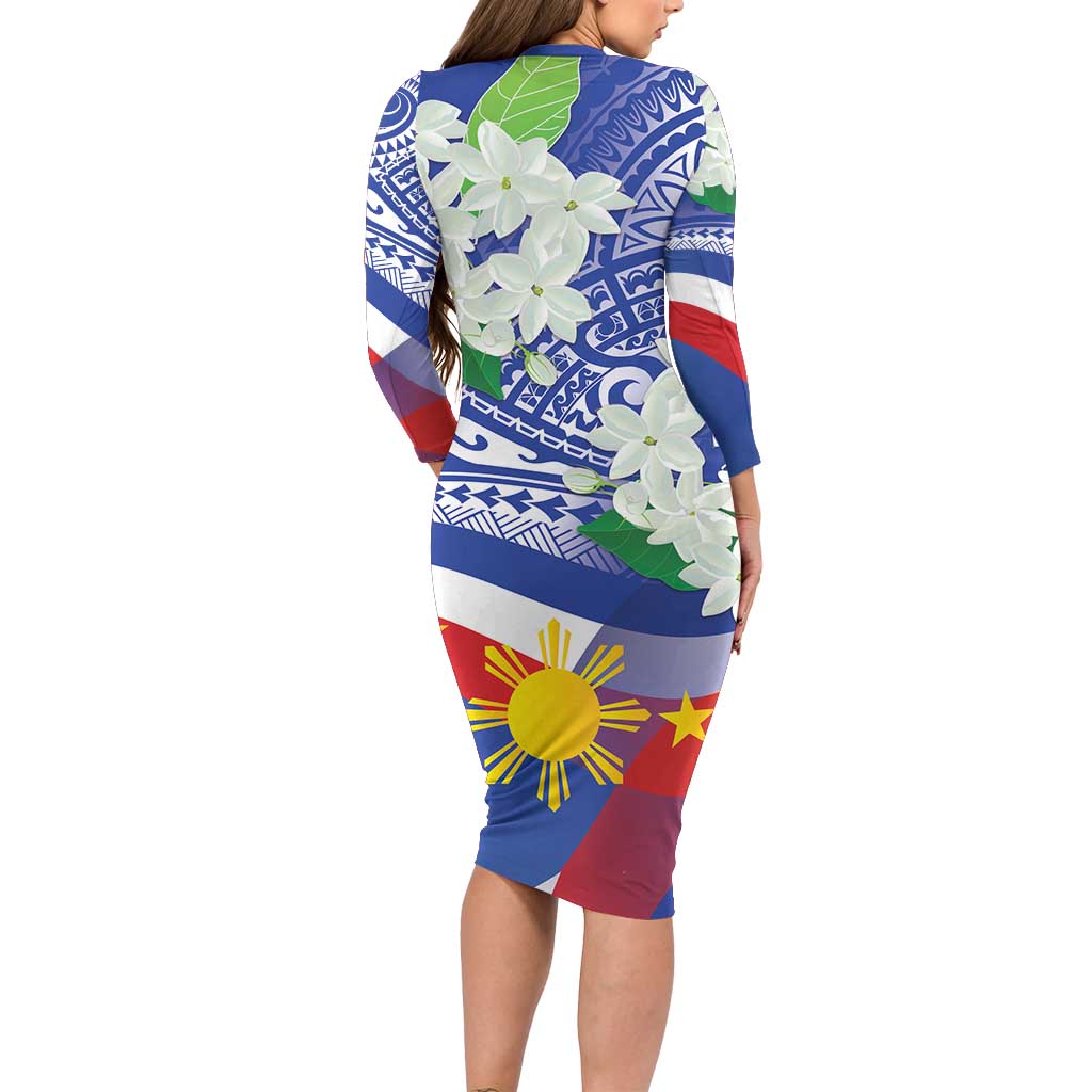Philippines Flag Family Matching Long Sleeve Bodycon Dress and Hawaiian Shirt Sampaguita Jasmine with Polynesian Tribal