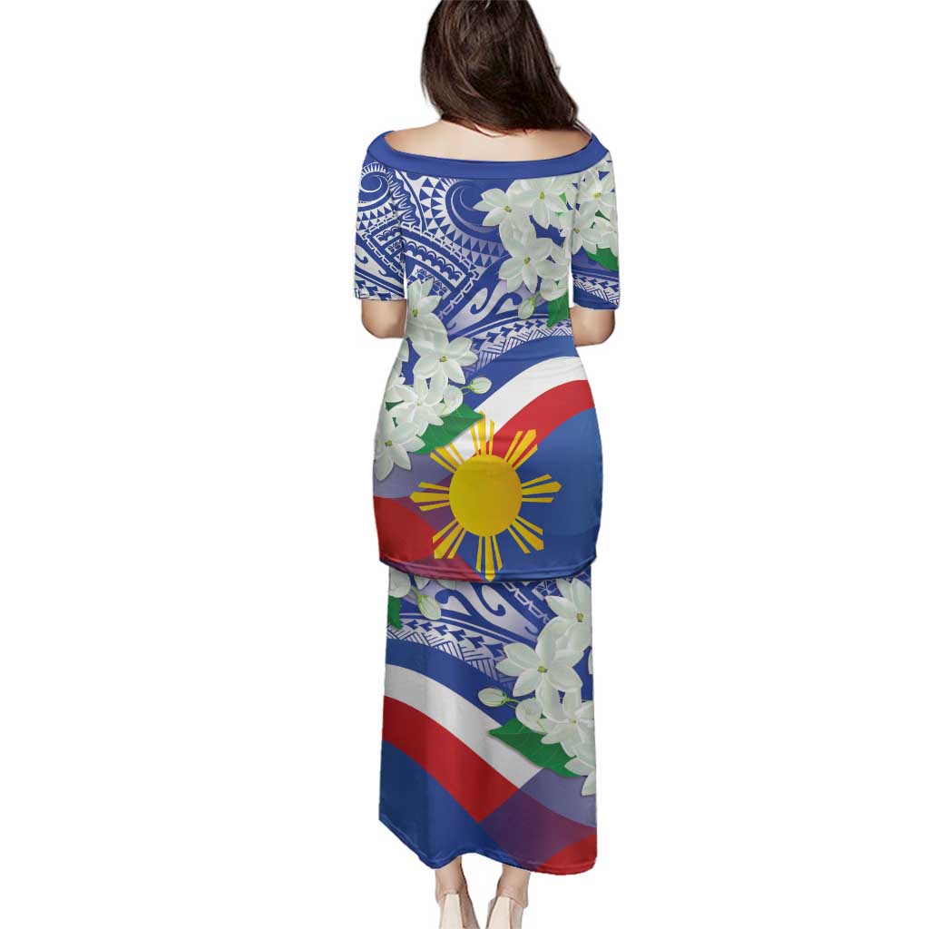 Philippines Flag Family Matching Puletasi and Hawaiian Shirt Sampaguita Jasmine with Polynesian Tribal