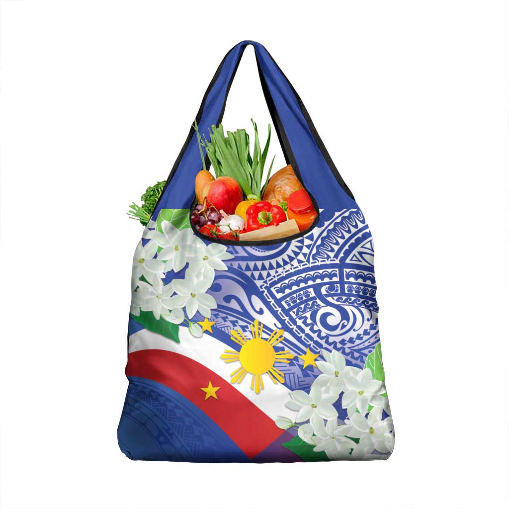 Philippines Flag Grocery Bag Sampaguita Jasmine with Polynesian Tribal