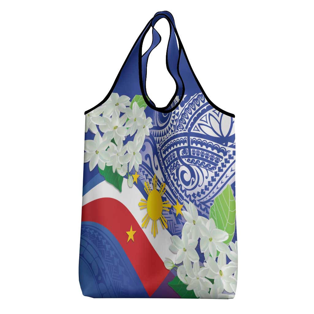 Philippines Flag Grocery Bag Sampaguita Jasmine with Polynesian Tribal