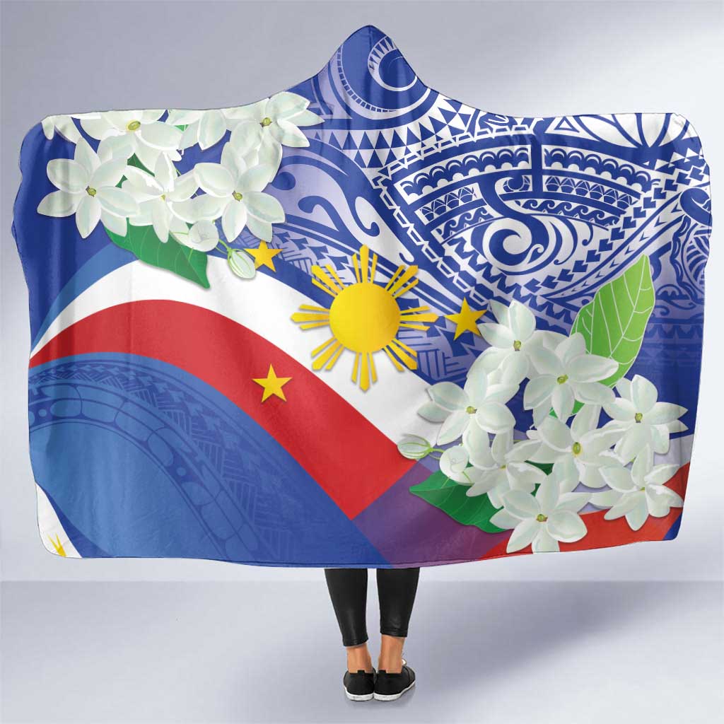 Philippines Flag Hooded Blanket Sampaguita Jasmine with Polynesian Tribal