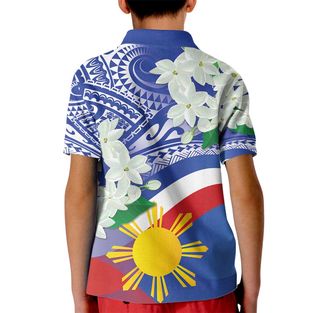 Philippines Flag Kid Polo Shirt Sampaguita Jasmine with Polynesian Tribal