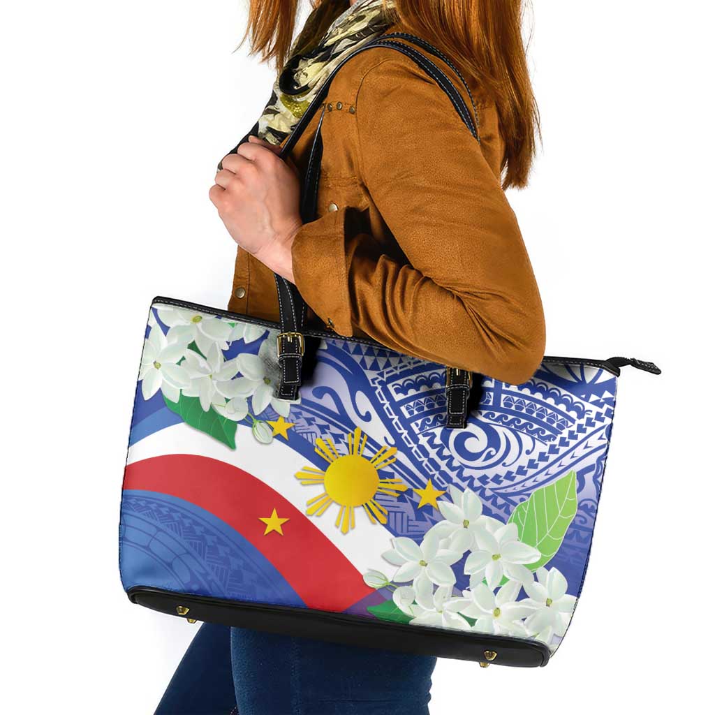 Philippines Flag Leather Tote Bag Sampaguita Jasmine with Polynesian Tribal