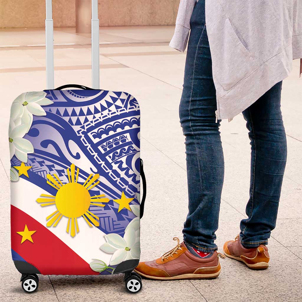 Philippines Flag Luggage Cover Sampaguita Jasmine with Polynesian Tribal