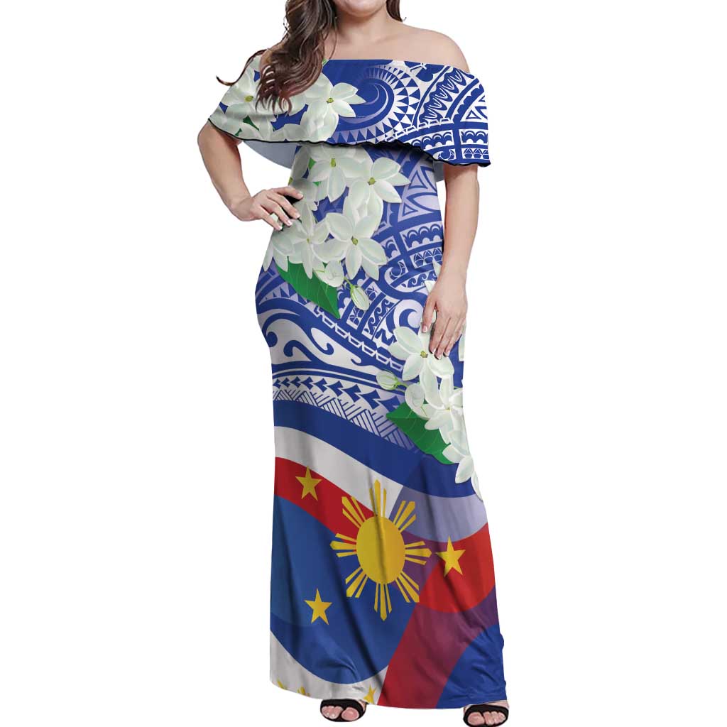 Philippines Flag Off Shoulder Maxi Dress Sampaguita Jasmine with Polynesian Tribal