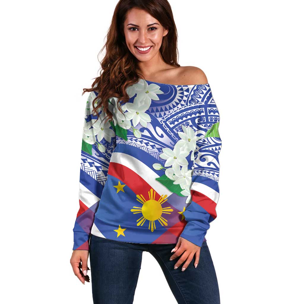 Philippines Flag Off Shoulder Sweater Sampaguita Jasmine with Polynesian Tribal