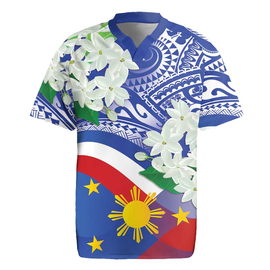 Philippines Flag Rugby Jersey Sampaguita Jasmine with Polynesian Tribal