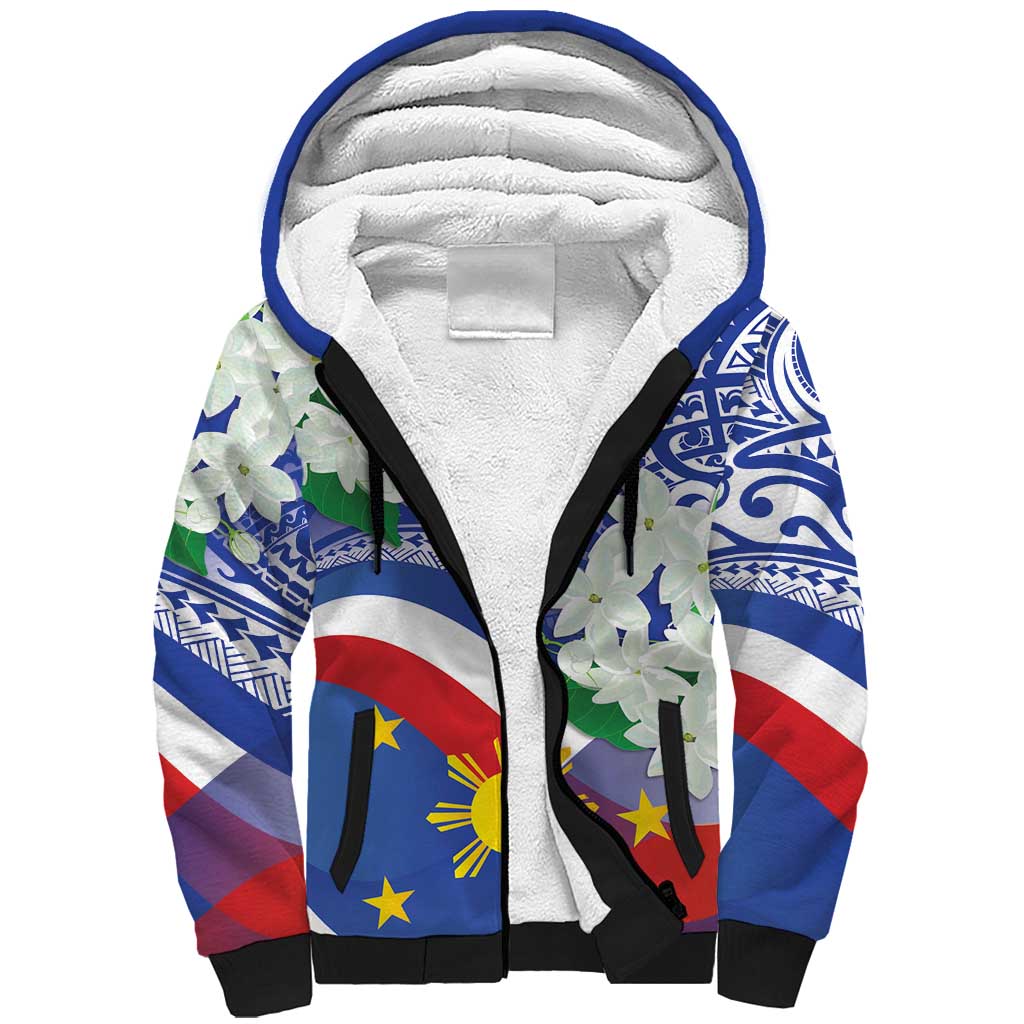 Philippines Flag Sherpa Hoodie Sampaguita Jasmine with Polynesian Tribal