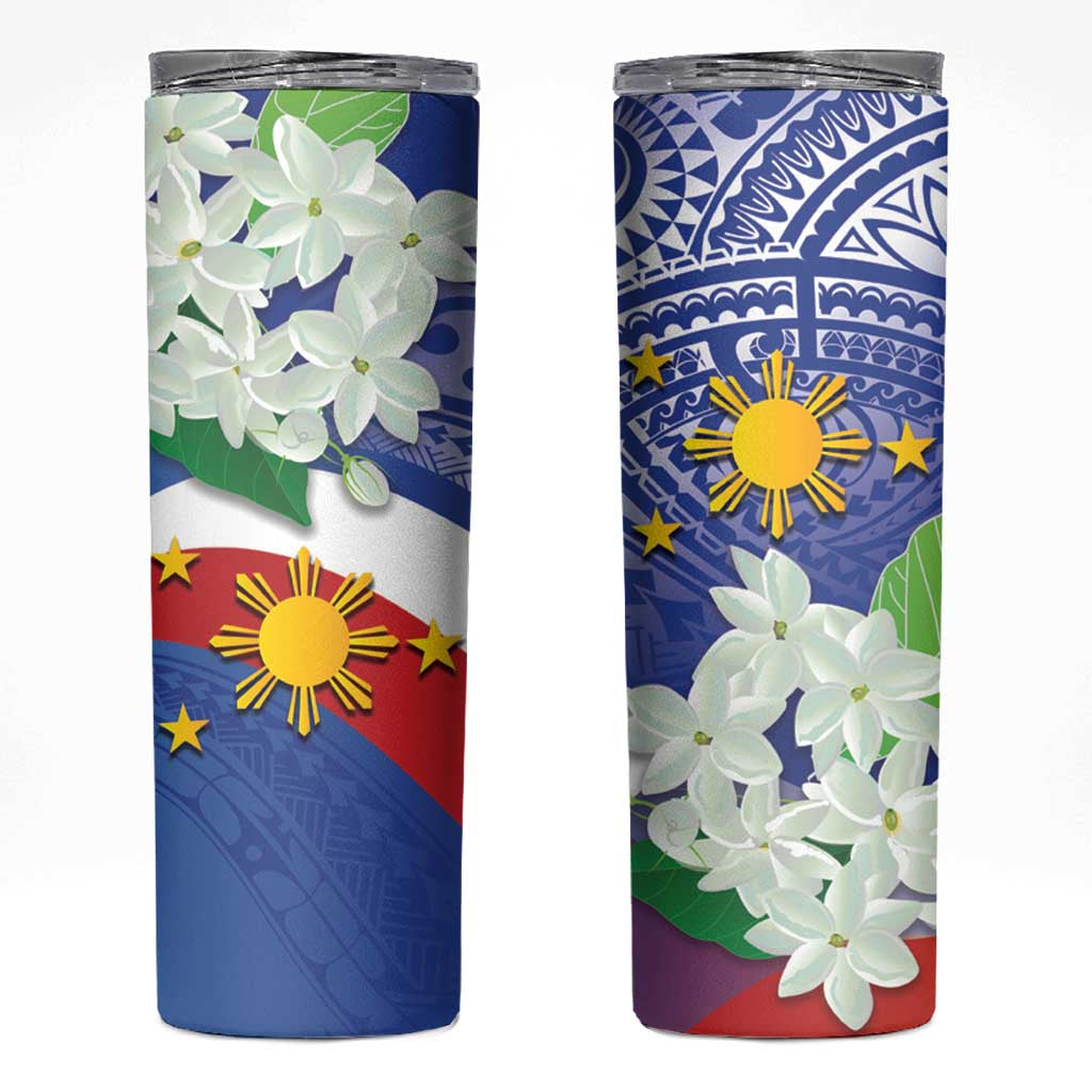 Philippines Flag Skinny Tumbler Sampaguita Jasmine with Polynesian Tribal LT9