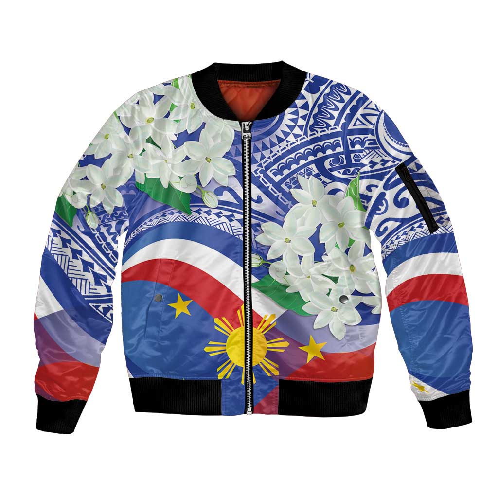 Philippines Flag Sleeve Zip Bomber Jacket Sampaguita Jasmine with Polynesian Tribal