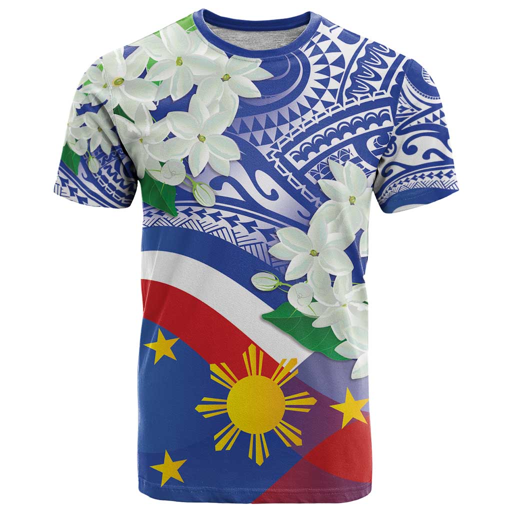 Philippines Flag T Shirt Sampaguita Jasmine with Polynesian Tribal