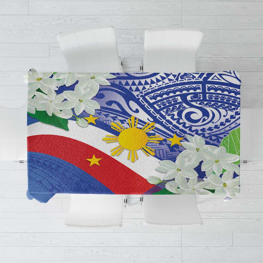 Philippines Flag Tablecloth Sampaguita Jasmine with Polynesian Tribal