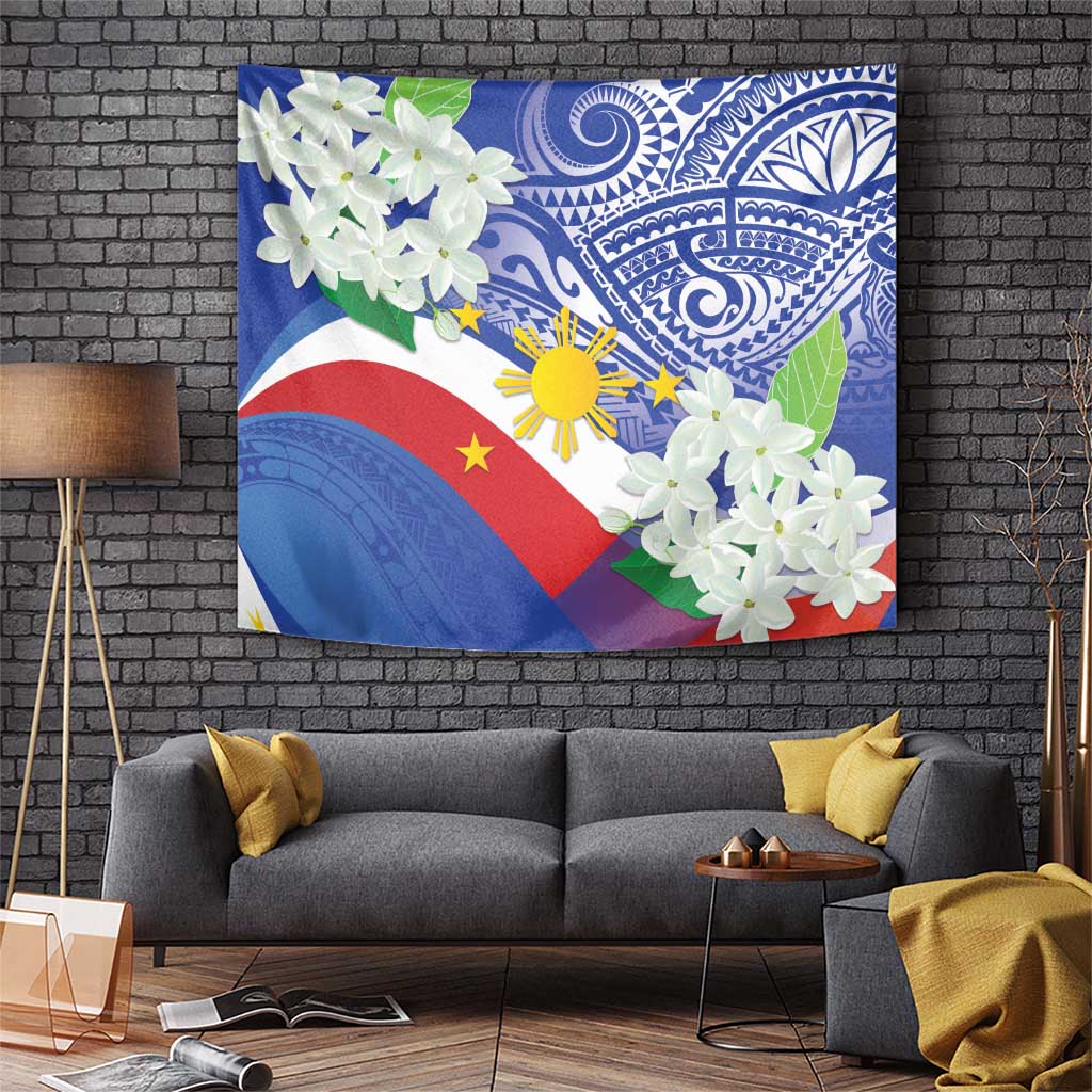 Philippines Flag Tapestry Sampaguita Jasmine with Polynesian Tribal