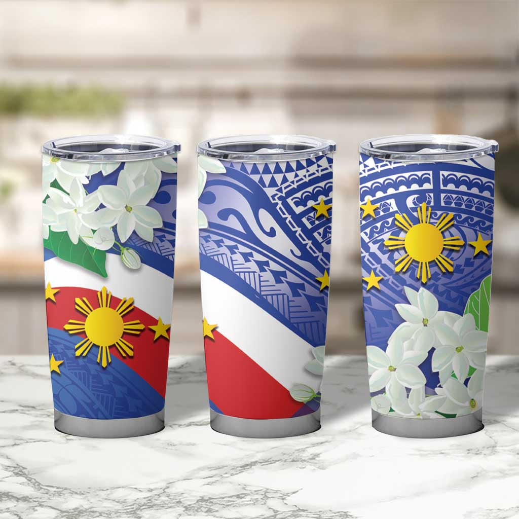 Philippines Flag Tumbler Cup Sampaguita Jasmine with Polynesian Tribal LT9 - Polynesian Pride
