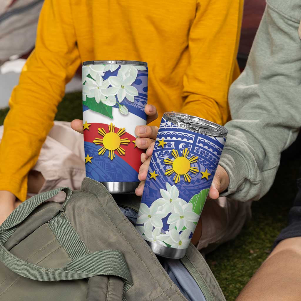 Philippines Flag Tumbler Cup Sampaguita Jasmine with Polynesian Tribal LT9 - Polynesian Pride