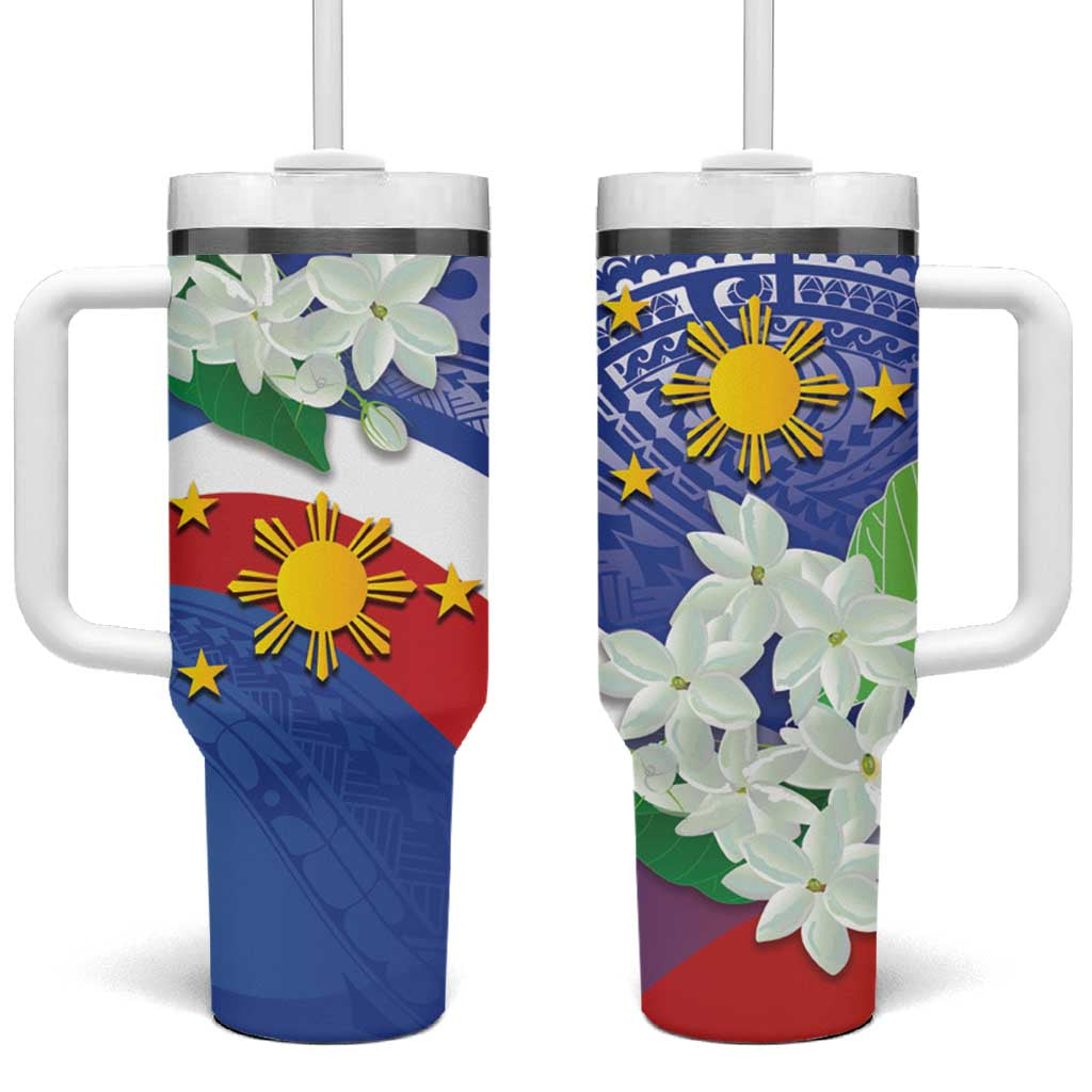 Philippines Flag Tumbler With Handle Sampaguita Jasmine with Polynesian Tribal LT9 One Size: 40 oz Blue - Polynesian Pride