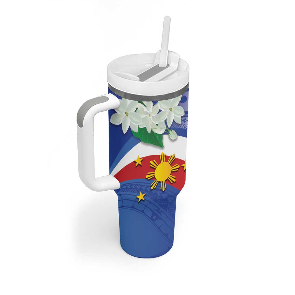 Philippines Flag Tumbler With Handle Sampaguita Jasmine with Polynesian Tribal LT9 - Polynesian Pride