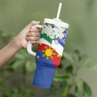 Philippines Flag Tumbler With Handle Sampaguita Jasmine with Polynesian Tribal LT9 - Polynesian Pride