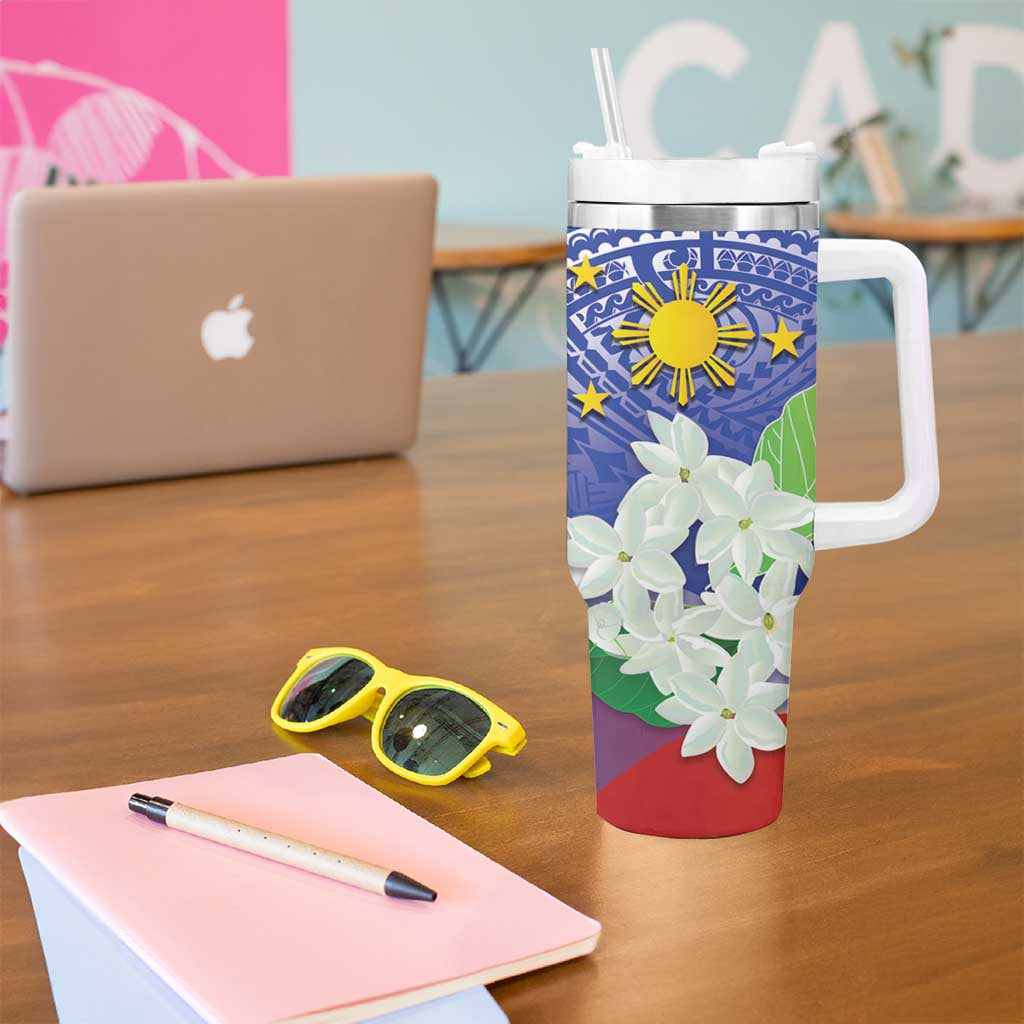 Philippines Flag Tumbler With Handle Sampaguita Jasmine with Polynesian Tribal LT9 - Polynesian Pride