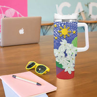 Philippines Flag Tumbler With Handle Sampaguita Jasmine with Polynesian Tribal LT9 - Polynesian Pride