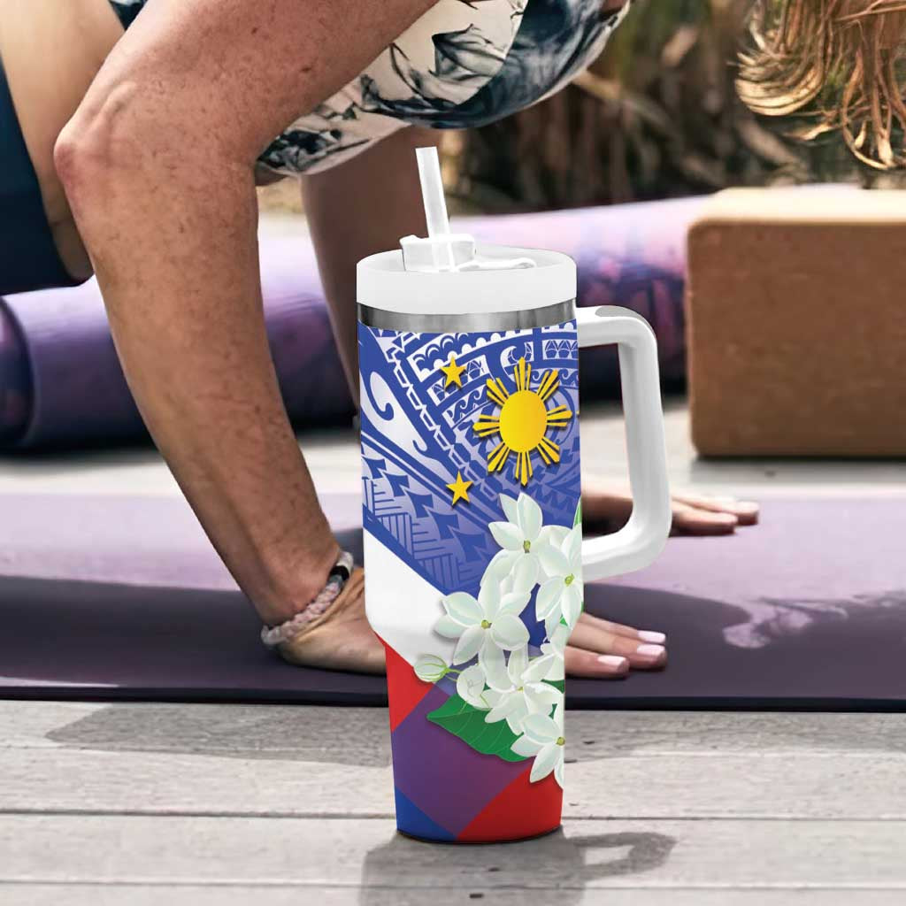 Philippines Flag Tumbler With Handle Sampaguita Jasmine with Polynesian Tribal LT9 - Polynesian Pride
