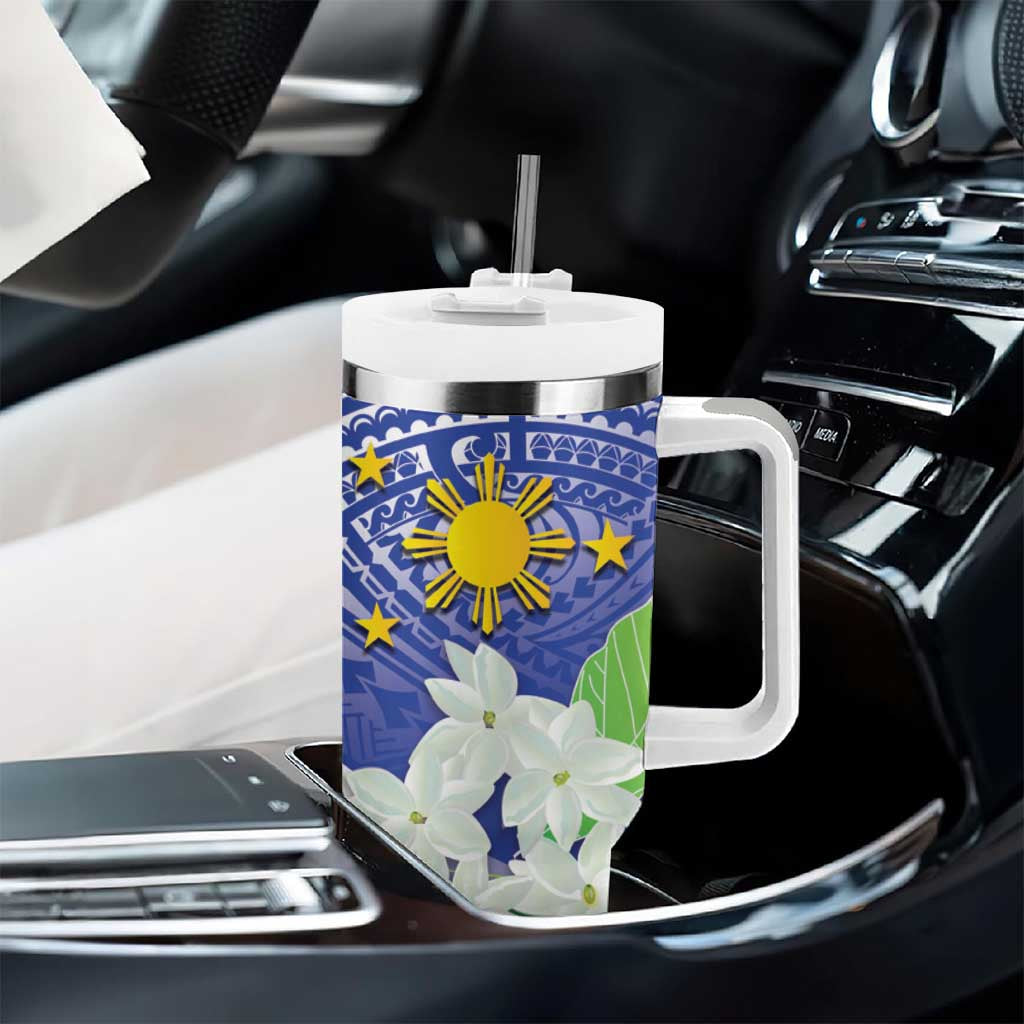 Philippines Flag Tumbler With Handle Sampaguita Jasmine with Polynesian Tribal LT9 - Polynesian Pride