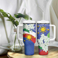 Philippines Flag Tumbler With Handle Sampaguita Jasmine with Polynesian Tribal LT9 - Polynesian Pride