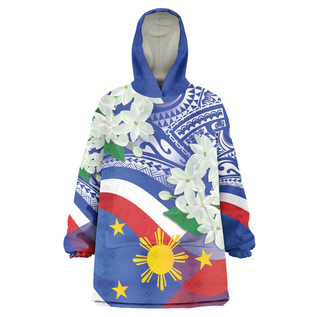 Philippines Flag Wearable Blanket Hoodie Sampaguita Jasmine with Polynesian Tribal